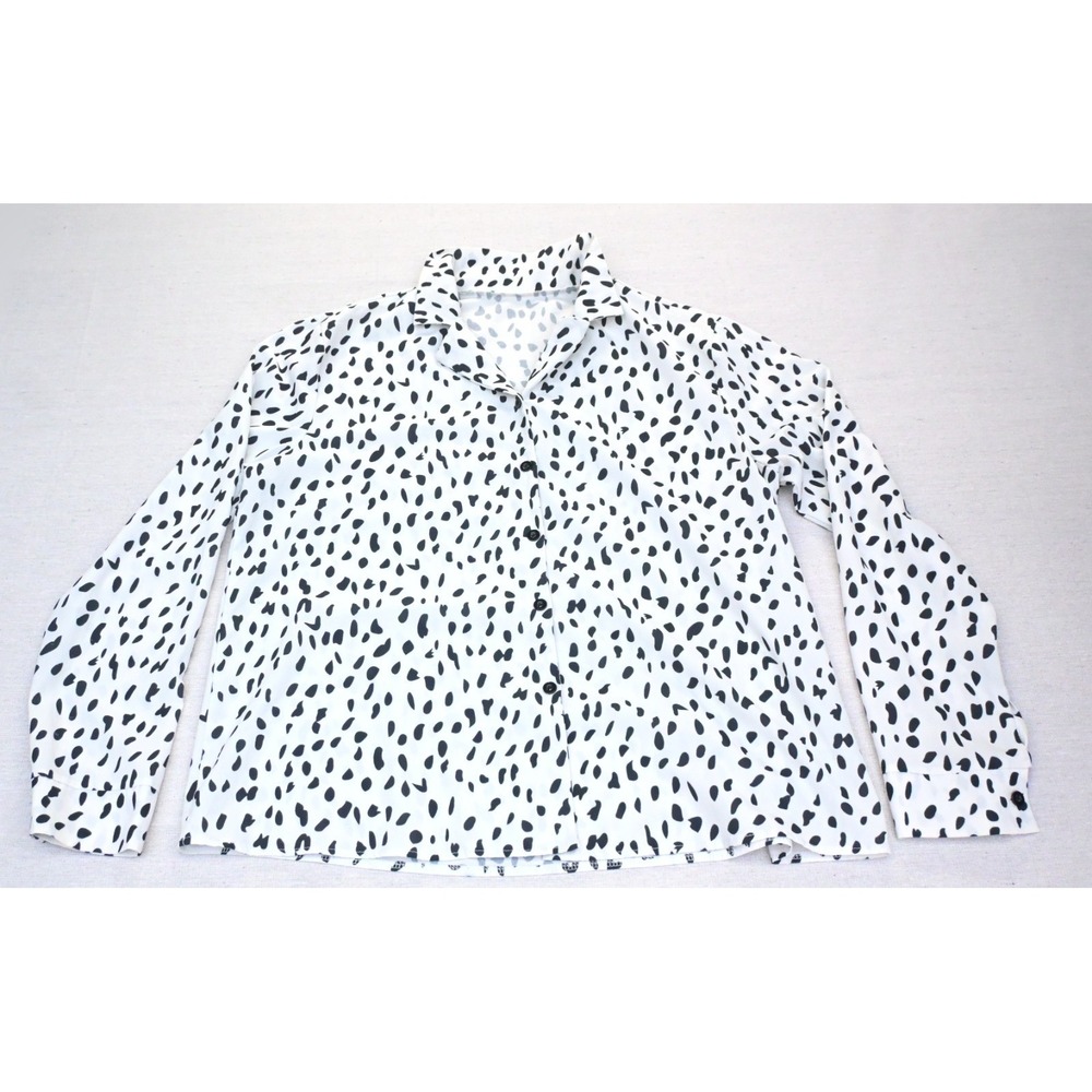 Womens White Black Abstract Spot Print Button Up Blouse Long Sleeve Curved Hem